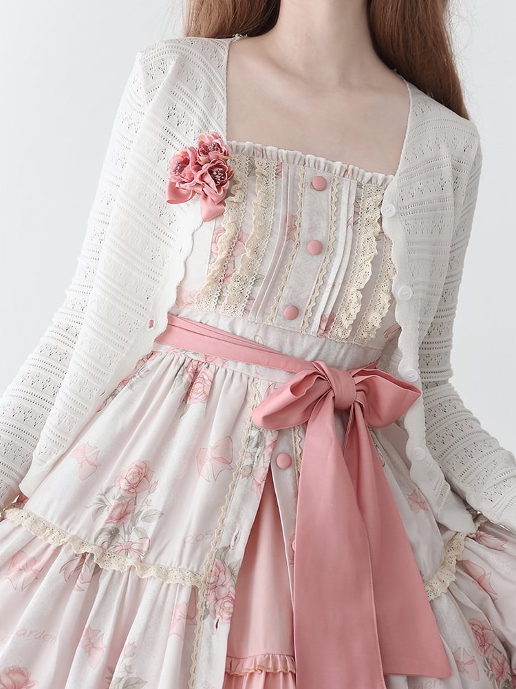 Robe d'été à imprimé rosace rose, motif floral naturel Kei, avec patte de boutonnage sur le devant et jupe pull Lolita