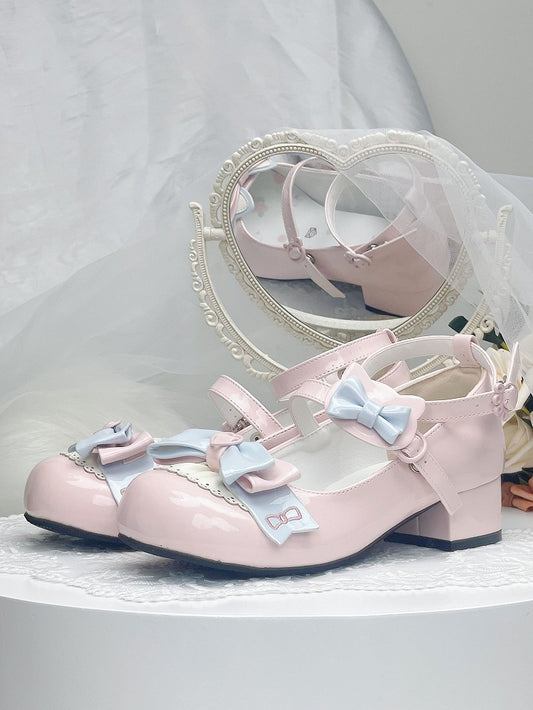 Pink Bowknot Kitty-shaped Buckle Strap Block Heels Lolita Mary Janes