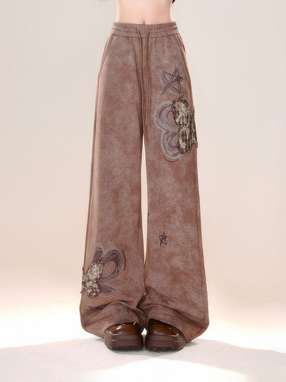 Wide-leg Applique Plaid Cut Brown Butterfly Pants
