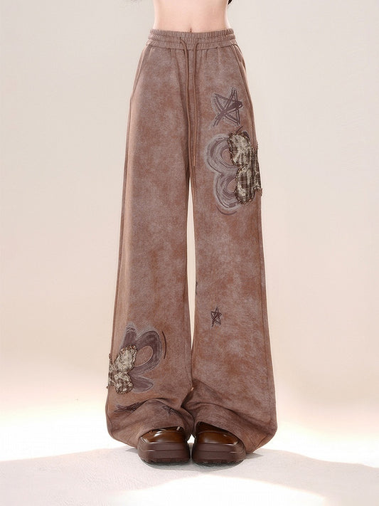 Wide-leg Applique Plaid Cut Brown Butterfly Pants