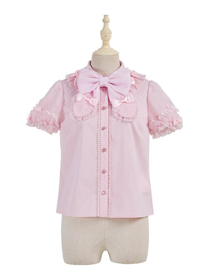 Pink Removable Bowknot Neckline Beads Short Puff Sleeves Blouse