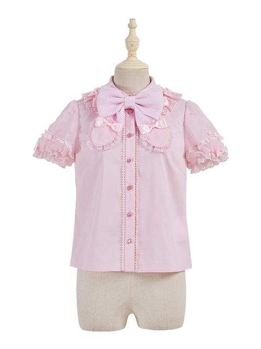 Rosa Bluse mit abnehmbarer Schleife am Ausschnitt und Perlen und kurzen Puffärmeln