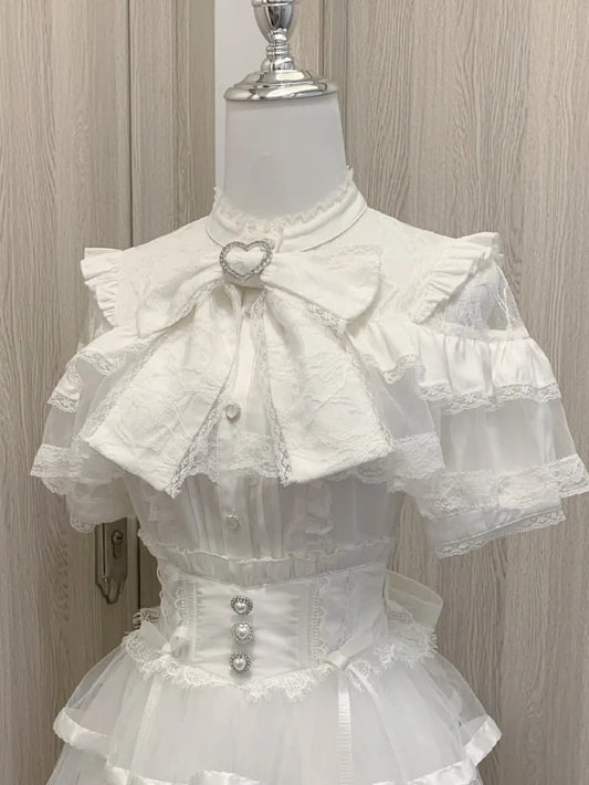 Big Ruffles Black/White Illusion Neckline Tiered Heart Buttons Short Jirai Kei Bow Sleeves Blouse with