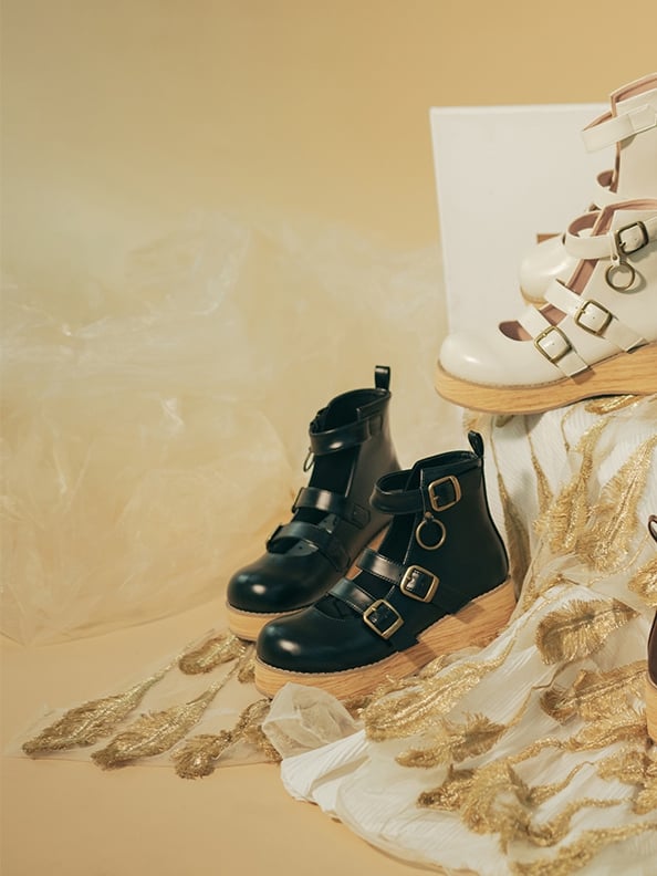 Platforms Toe with Wedge Buckle 3–5 cm Sole Round Black 3 Straps