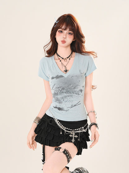 Pink/Blue V-Neck Slim-fitting Graphic T-Shirt