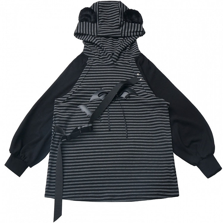 Sweat à capuche rayé noir et gris en PU avec boucle de chauve-souris et oreilles d'ours
