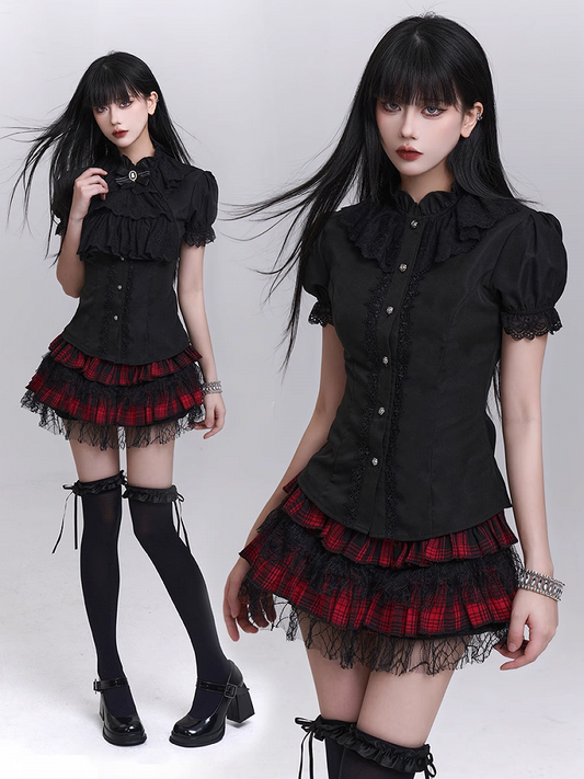 Tie Black Puff Sleeves Vintage Gothic Blouse with Detachable Jabot