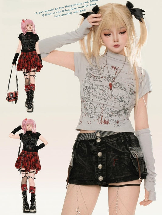 Edgy Y2K Kawaii Snake Schwarz/Hellgrau T-Shirt mit abnehmbaren Ärmeln