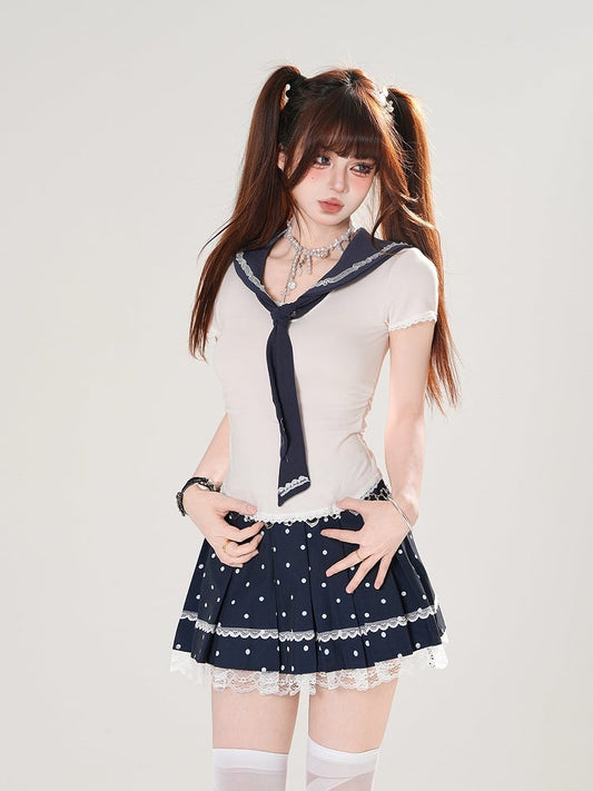 + T-shirt Set Pleated Sailor Polka-dot Detachable Blue Skirt Navy Apricot Slim-fitting Collar