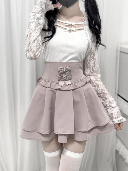 Jirai Kei Black/White Bowknots Neckline Lace Sleeves Top