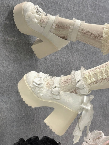 Shoes Platform Jirai - Trim Mary Lace Heels Block High Kei White Jane with