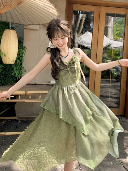 Self-tie Straps Mori Kei Cami with Dress Shoulder Green Handkerchief Hem