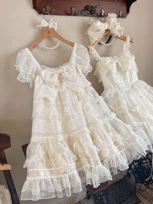 White Embroidered Bow Creamy Lolita Dress Sleeves Big Short Puff Neckline