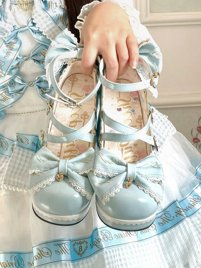 Heels Heart at Block High Buckles Blue Bow Crisscross Design Detachable Top