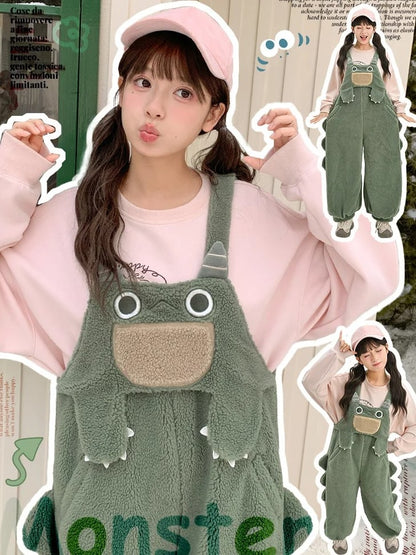 Cute Dinosaur Green Plush Overalls