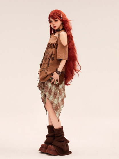 Fashion Gyaru Asymmetrical T-shirt Neckline Leopard Cross Applique Brown