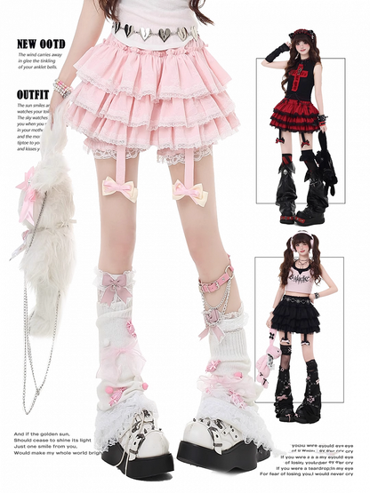 Glamorous Red/Pink/Black Bowknot Y2K Trim Detachable Lace Tiered Skirt with