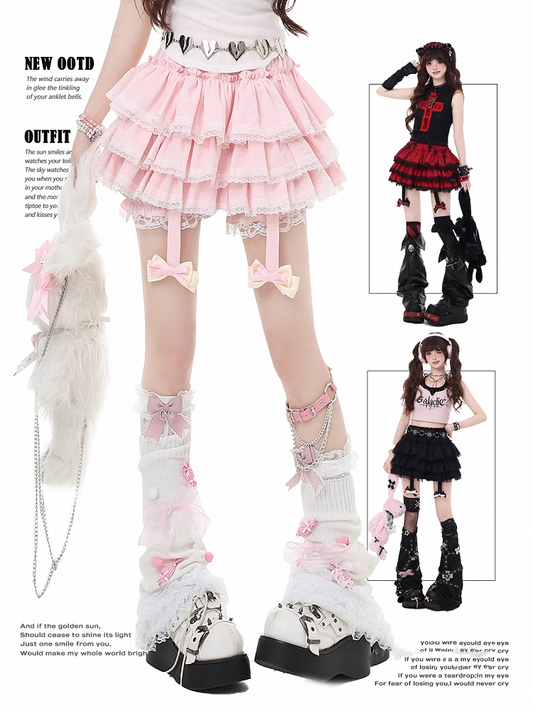 Glamorous Red/Pink/Black Bowknot Y2K Trim Detachable Lace Tiered Skirt with