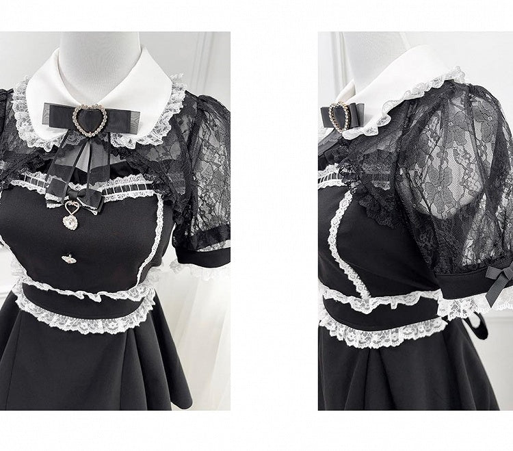 Rhinestone -Shirt Set Sweetheart Black Bowtie Decoration Shawl Kei Jirai Top Collar + Lace Shorts