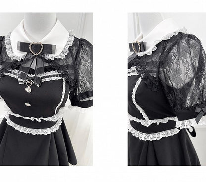 Rhinestone -Shirt Set Sweetheart Black Bowtie Decoration Shawl Kei Jirai Top Collar + Lace Shorts