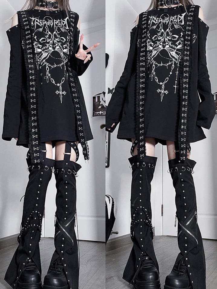 Emo Long And Cutout Letter Top BlackWhite Punk Skeleton Print Sleeves Shoulder