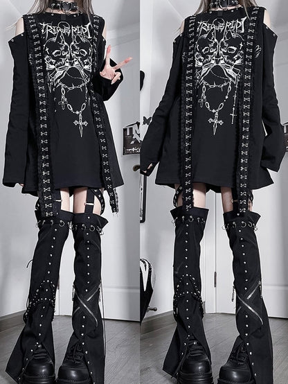 Emo Long And Cutout Letter Top BlackWhite Punk Skeleton Print Sleeves Shoulder