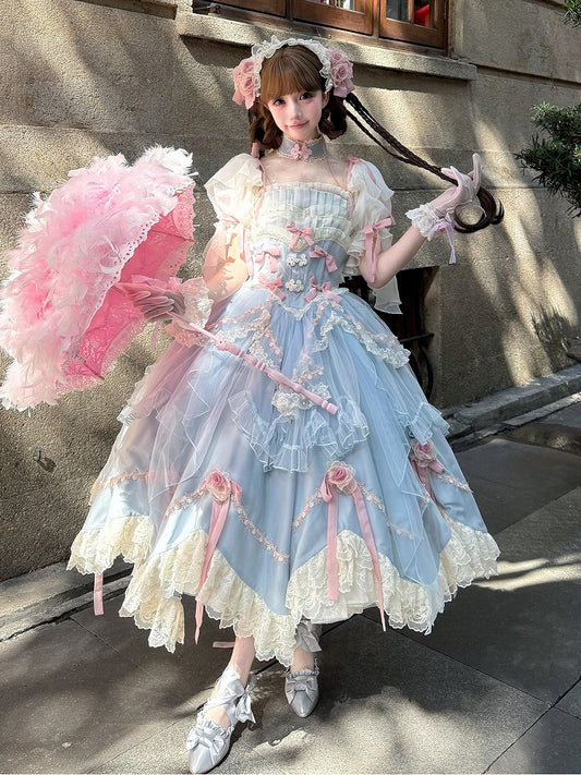 Blue Basque Waist Floral Bowknots Hanayome Lolita OP / Full Set