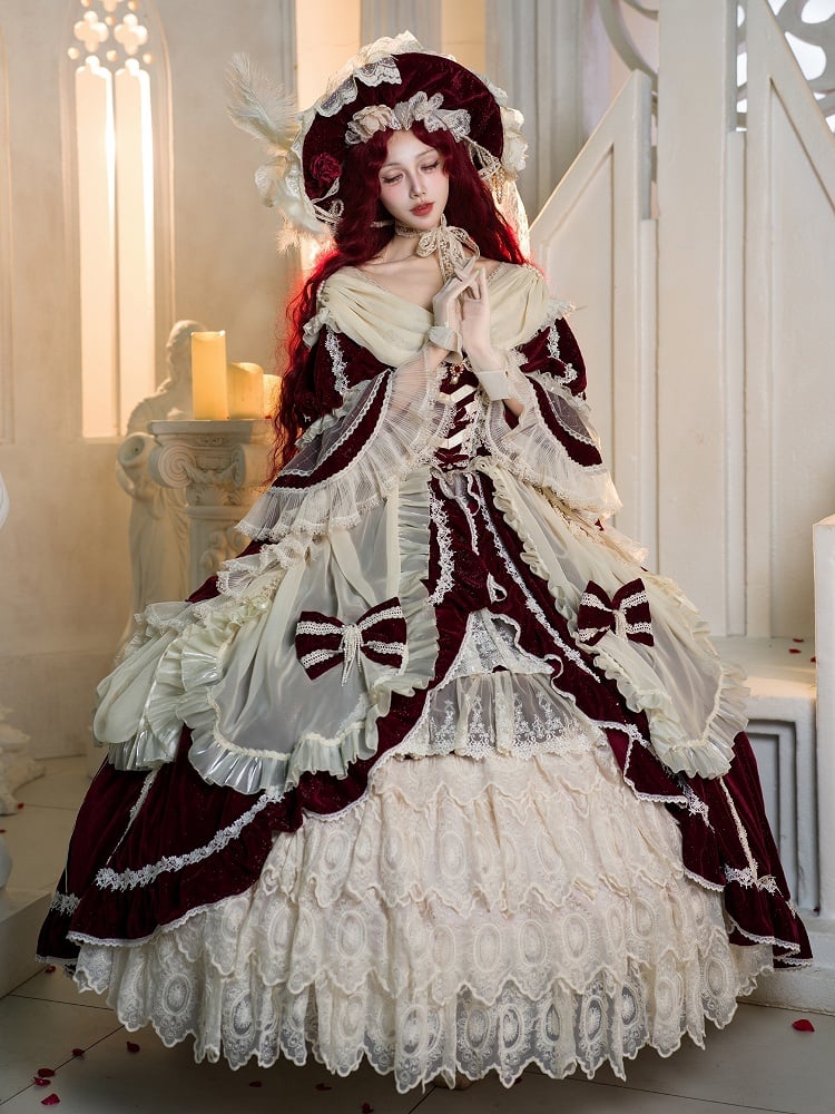 Hanayome Set Shimmering OP High-low and Velvet Lolita Gorgeous Full Dress White Red
