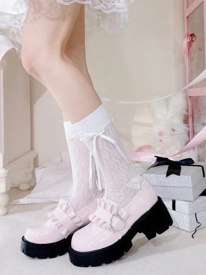 Schuhe Jirai 6,5 cm Pink Chunky Detail Kei mit Loafers Perlenabsatz Sweetheart Plateau