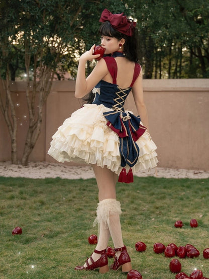 Dark Blue and Red Detachable Collar Qi Tiered Ruffles Jumper Skirt
