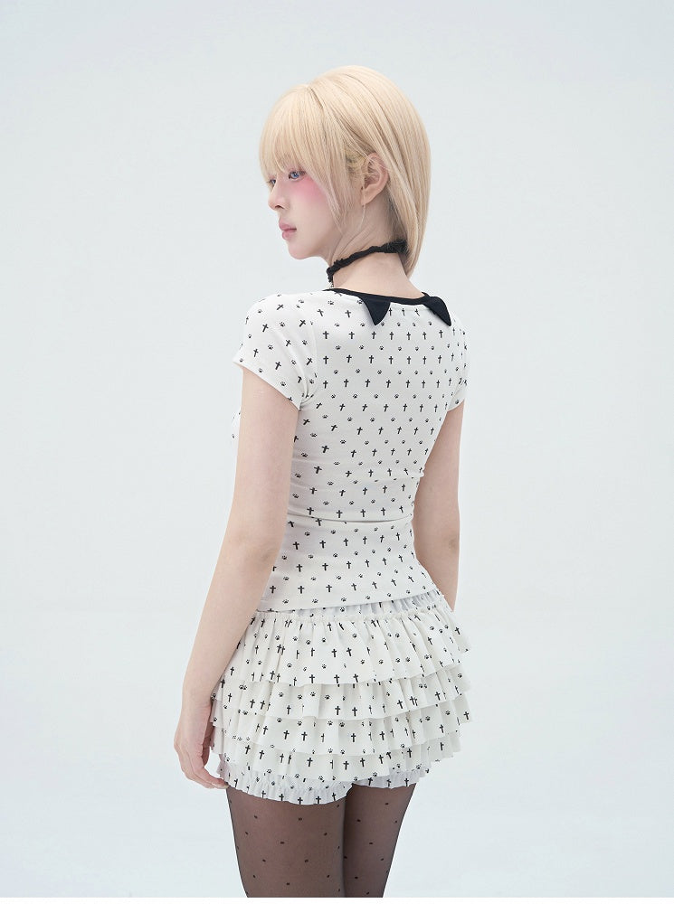 Detail Back Cat Paw Print Cat Ears and T-Shirt White at Allover Black Cross Pastel Gothic