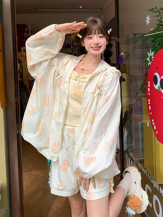 Jacket Light Yellow Cute Bear Print Sun Protection Hooded