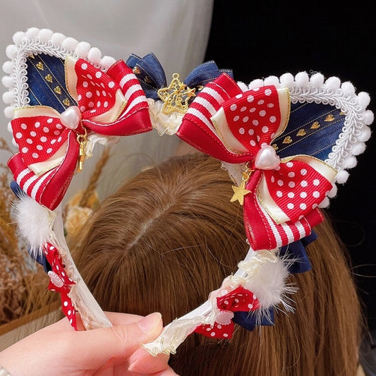 Charm KC Cat Details Ears Bowknot Star RedBlue Trim Lace