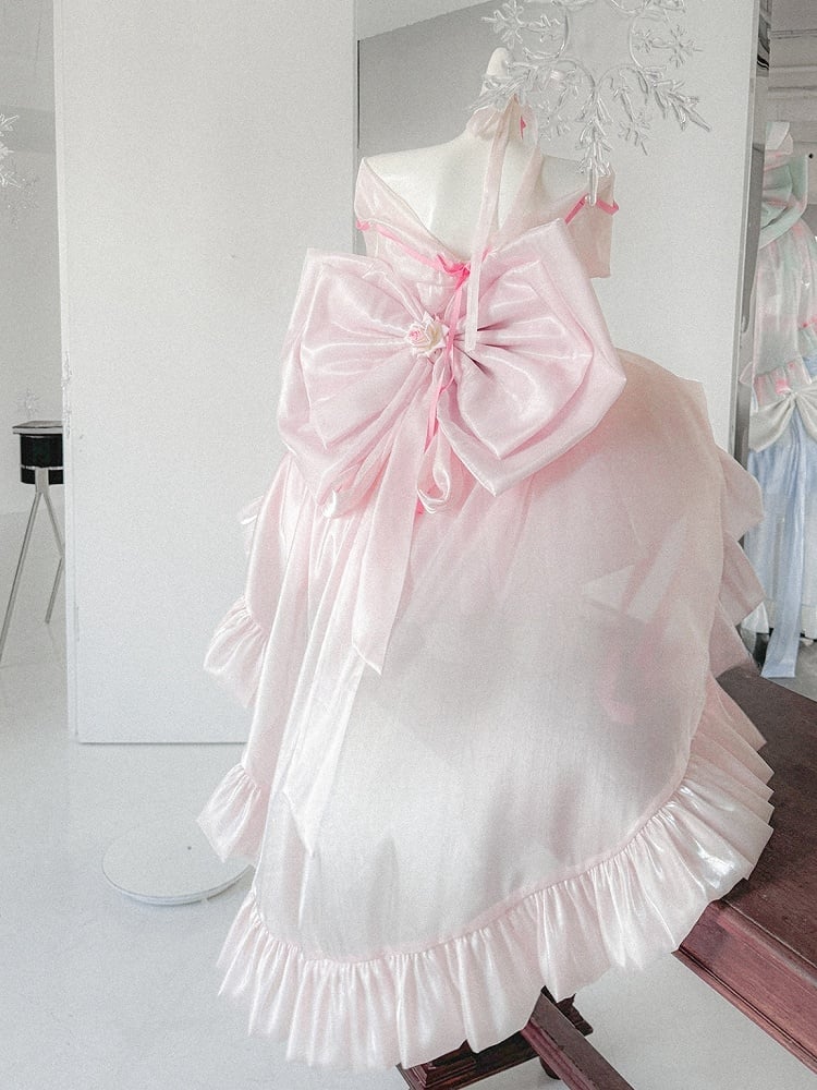 Pink Detachable Boned Basque Waist Puffy Dress with Large Bow Train