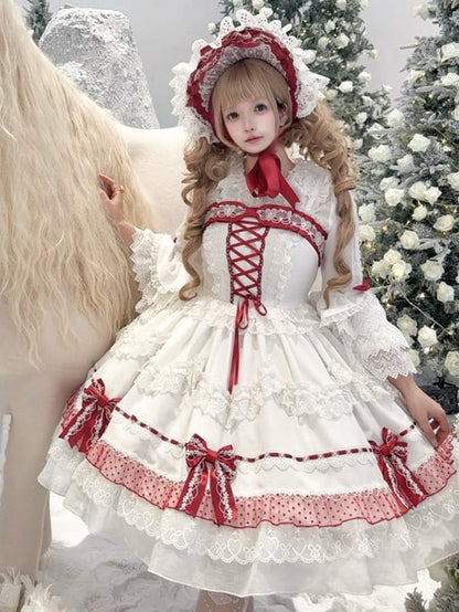 White and Wine Red Lace-up Bow Accents Lace Trim Sweet Princess Dress Lolita Jumper Skirt