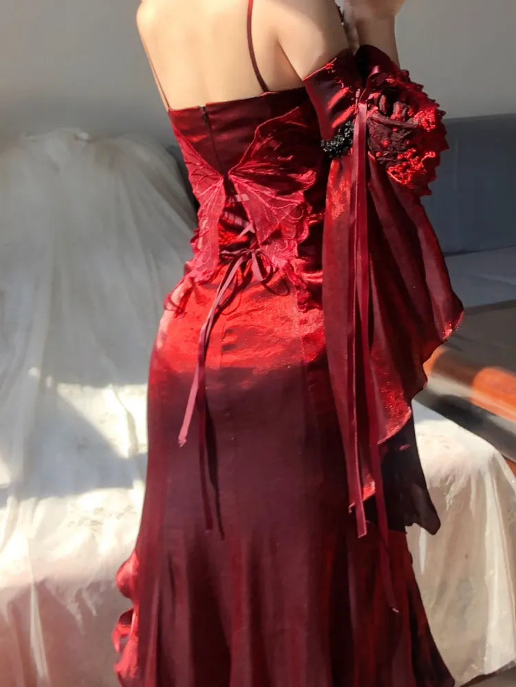 Flounce Sleeves Gown Mermaid Dress Rosette Evening Detachable with Red Burgundy