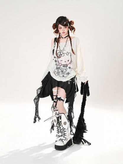 Detail Cascading Lace Ruffles Skirt Black Lace-up