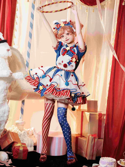 Clown Dark Bunny Dress Blue Clowncore Overalls Fleece Lolita Pastel Sweet Circus Red and Bodice