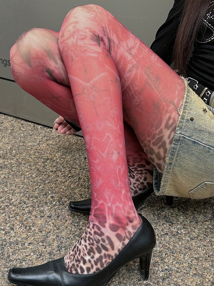 Collants à bordure en dentelle imprimé léopard Red Star