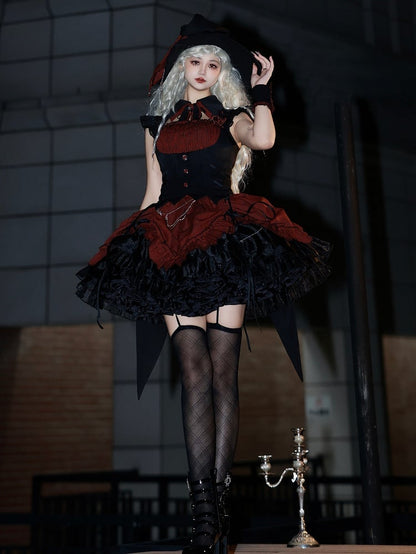 Lolita Halloween Gothic Kordelzug mit schwarzem Muster und Taille, gestreiftes rotes Kleid