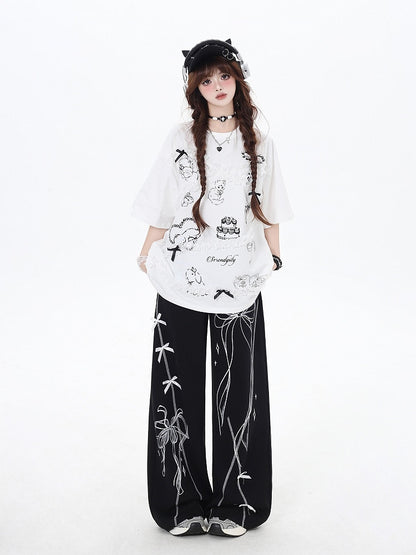 Lace Trim T-Shirt Neck Loose Black/White Cartoon Print Bittersweet Round