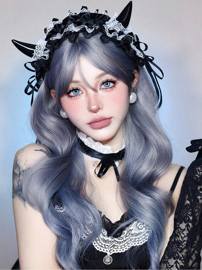 65CM With And Ombre Air Wavy Length Wig Gray Bangs Blue