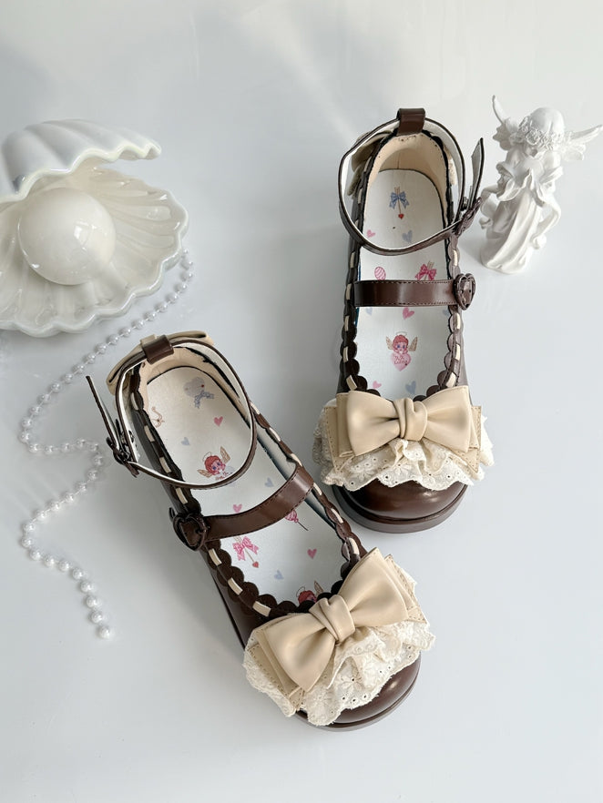 Lace Buckles Chocolate at Trim Heart Bow Top Platforms Brown