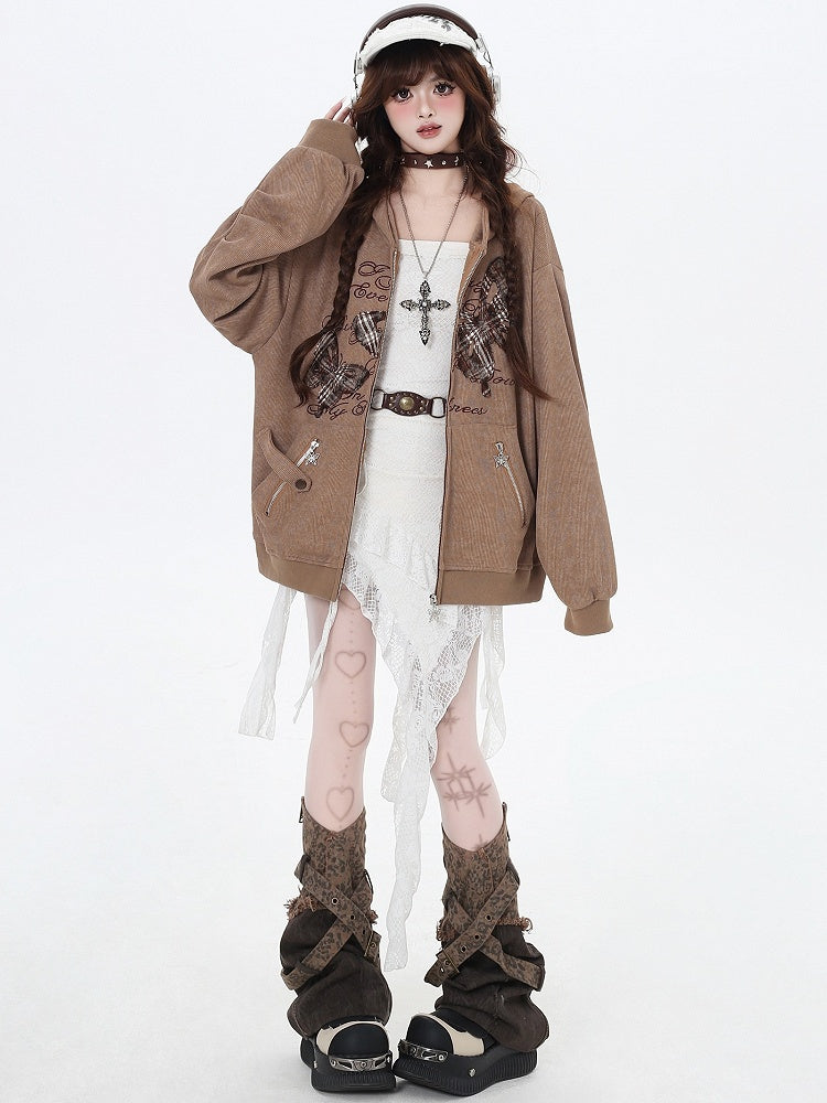 Brown Butterfly Appliques Spring Loose Zip Hoodie