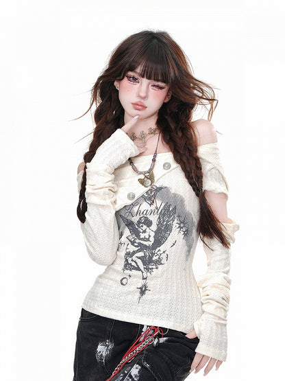 Apricot/Black Asymmetrical Neckline Angel Print Detachable Buttons Glamorous Knitted Top