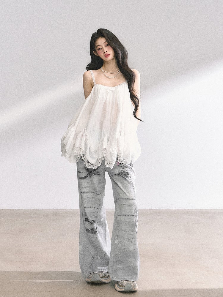 Light Gray Low Rise Chain Print Distressed Wide-leg Jeans