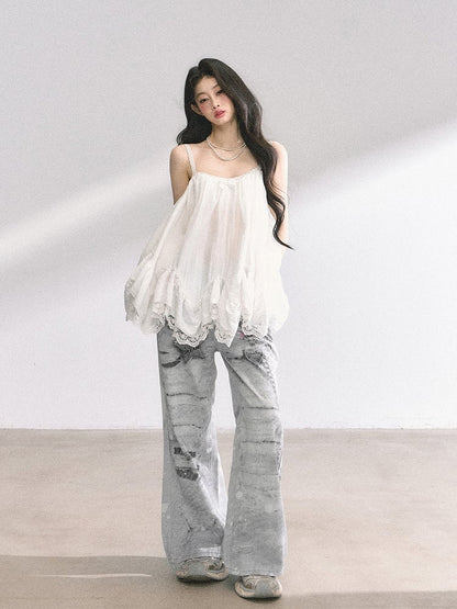 Light Gray Low Rise Chain Print Distressed Wide-leg Jeans