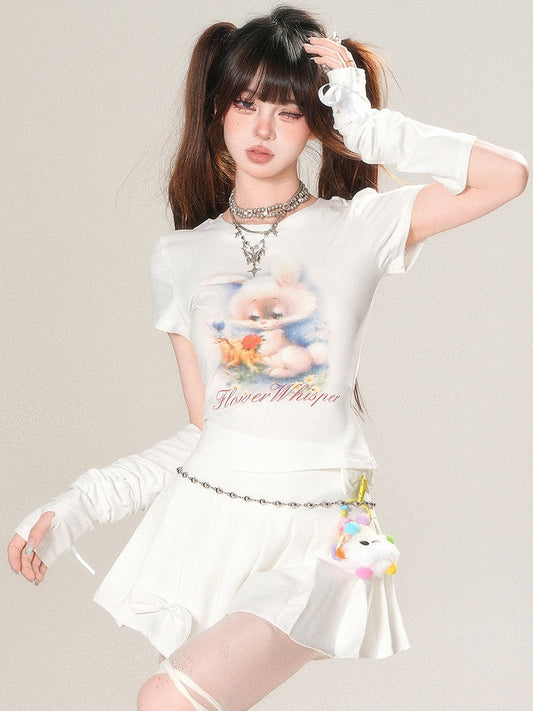 White/Black/Blue Glamorous And Print Sleeves Bunny With T-shirt Letter