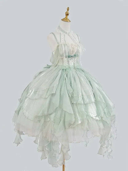 Skirt Layered Fairy Dress Trim Light Princess Lolita Cascading Ruffle Green Corset