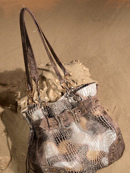 Wasteland Punk Pattern Shoulder Bag Snakeskin Brown